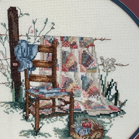 Framed Cross-Stitch Art With Wooden Chair & Quilt Scene In Oak Frame - Picture 3 of 6